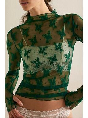 Free People Lady Lux Lace Layering Top NWT Pine Forest Green